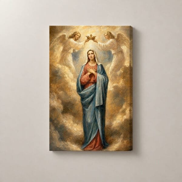 María Coronada por los Ángeles, cuadro vertical en canvas