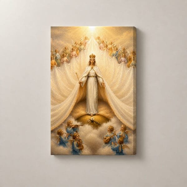 Reina del Cielo entre Ángeles, cuadro vertical en canvas