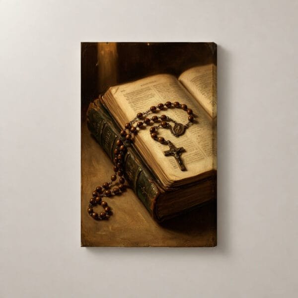 Biblia y Rosario en Silencio, cuadro vertical en canvas