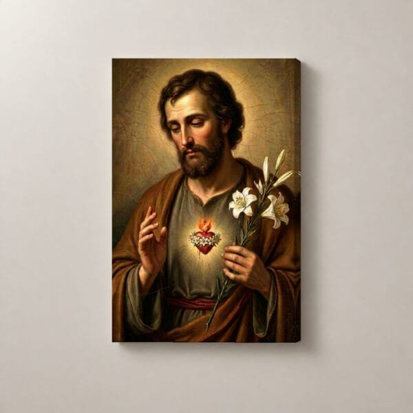 San José con Corazón y Lirios, cuadro vertical en canvas