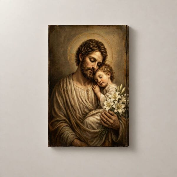 San José Abraza al Niño Jesús, cuadro vertical en canvas